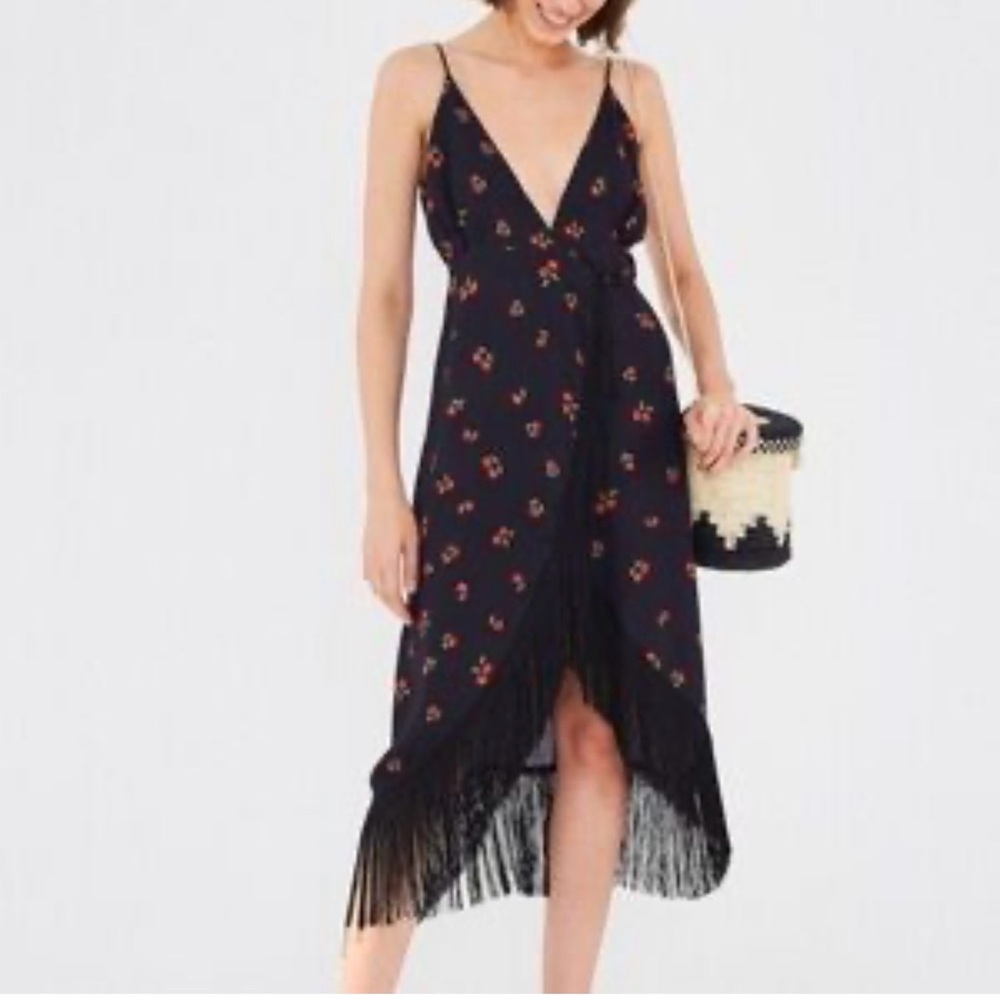 FARM Rio Dark Floral High Low Dress with Fringe